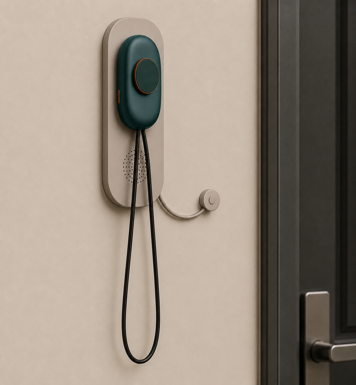 ردیاب هوشمند سن یار روی ایستگاه شارژ کنار در با نور سبز شارژ
